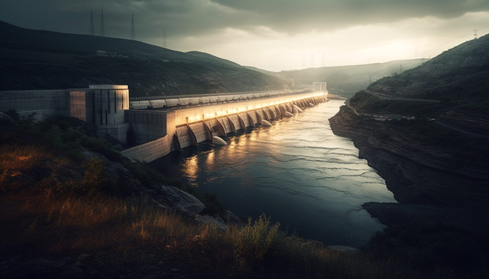 Hydroelectric power station generates electricity in mountain landscape generated by AI