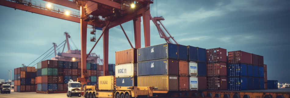 Logistics and transportation of Container Cargo ship and Cargo plane with working crane bridge in shipyard at sunrise, logistic import export and transport industry background. Ai generative